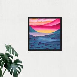 Artery8 Wall Art Print Lakeside Landscape With Pink Crystals Peaceful Multicolour Sunrise Watercolour Square Framed Picture 16X16 Inch - thumbnail 2