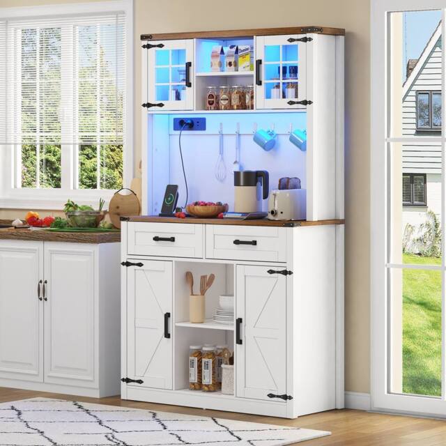 BTM Kitchen Pantry Cabinet Bar Sideboard LED Drawers Shelves Storage in White