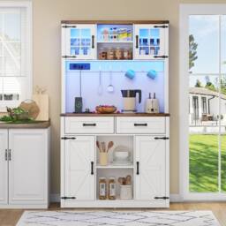 BTM Kitchen Pantry Cabinet Bar Sideboard LED Drawers Shelves Storage in White - thumbnail 9