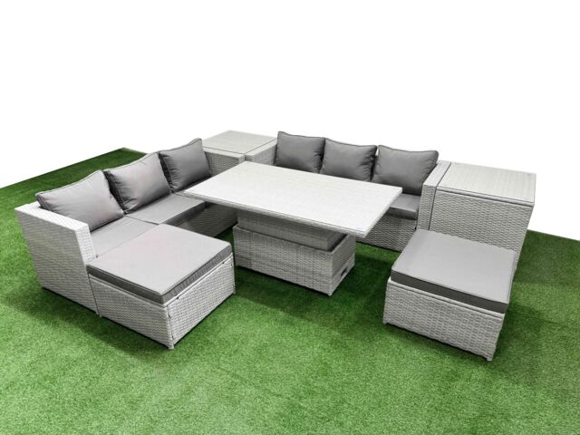 Fimous 7 PCs Rising Dining Table Set Rattan Furniture Set with 3 Seater Sofa in Light Grey - image 1