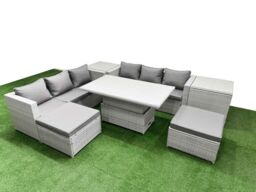 Fimous 7 PCs Rising Dining Table Set Rattan Furniture Set with 3 Seater Sofa in Light Grey - thumbnail 2