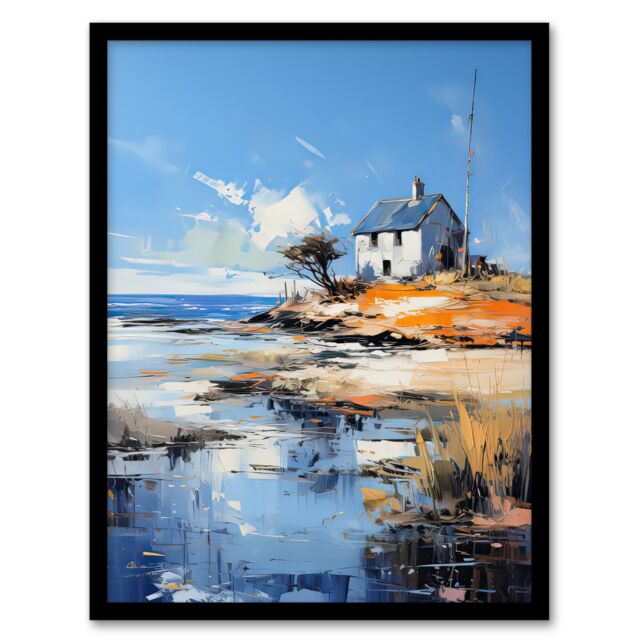 Artery8 Wall Art Print The Old White Crofters Cottage Oil Painting Palette Knife Blue Orange Serene Scottish Coastal Landscape Artwork Framed - image 1