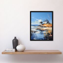 Artery8 Wall Art Print The Old White Crofters Cottage Oil Painting Palette Knife Blue Orange Serene Scottish Coastal Landscape Artwork Framed - thumbnail 4