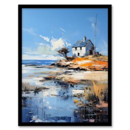 Artery8 Wall Art Print The Old White Crofters Cottage Oil Painting Palette Knife Blue Orange Serene Scottish Coastal Landscape Artwork Framed - thumbnail 1