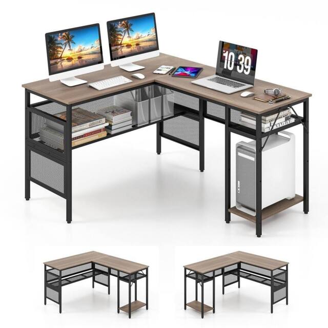 Costway L-Shaped Computer Desk Reversible Corner Workstation w/ Mesh Storage in Grey - image 1