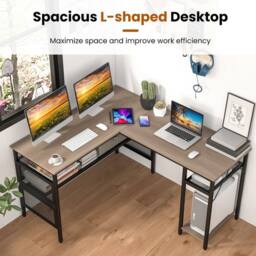Costway L-Shaped Computer Desk Reversible Corner Workstation w/ Mesh Storage in Grey - thumbnail 3