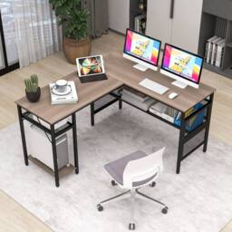 Costway L-Shaped Computer Desk Reversible Corner Workstation w/ Mesh Storage in Grey - thumbnail 5