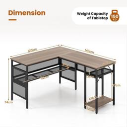 Costway L-Shaped Computer Desk Reversible Corner Workstation w/ Mesh Storage in Grey - thumbnail 2