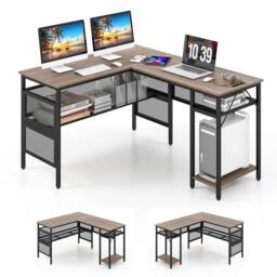 Costway L-Shaped Computer Desk Reversible Corner Workstation w/ Mesh Storage in Grey - thumbnail 1