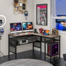 Costway L-Shaped Computer Desk Reversible Corner Workstation w/ Mesh Storage in Grey - thumbnail 4