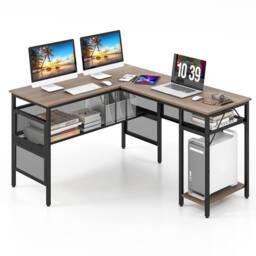 Costway L-Shaped Computer Desk Reversible Corner Workstation w/ Mesh Storage in Grey - thumbnail 6