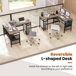 Costway L-Shaped Computer Desk Reversible Corner Workstation w/ Mesh Storage in Grey - thumbnail 8