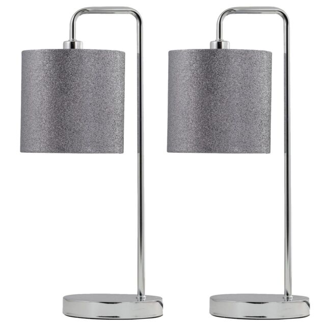 First Choice Lighting Set of 2 Chrome Arched Table Lamps with Grey Glitter Shades in Silver - image 1