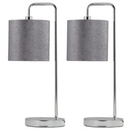 First Choice Lighting Set of 2 Chrome Arched Table Lamps with Grey Glitter Shades in Silver - thumbnail 1