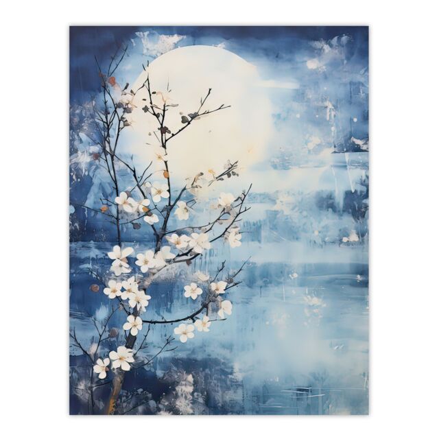 "Artery8 Wall Art Print Flowering Almond Tree Misty Morning Sun Landscape Poster Picture in Blue - Size: W18"" x H24""" - image 1