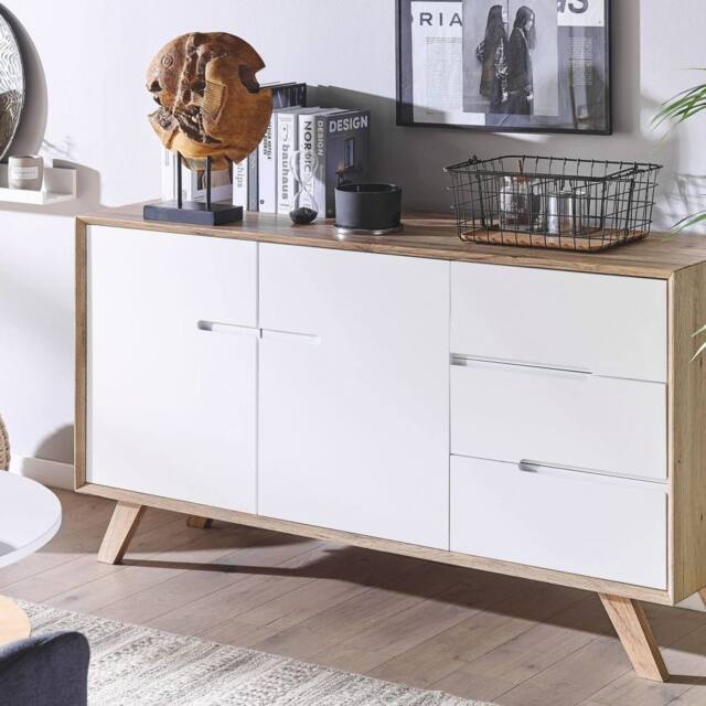 Wyld and Coco Nordic Sideboard White and Light Brown - 3 Drawers 2 Cabinets - image 1