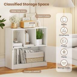 Costway 3-Cube Bookcase 3-Tier Bookshelf w/Cabinet Modern Storage Organizer in White - thumbnail 6