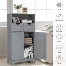 Costway Wooden Freestanding Cupboard Cabinet for Bathroom in Grey - thumbnail 5