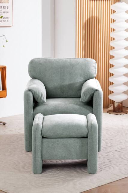 Living and Home Chenille Upholstered Armchair with Footstool in Grey - image 1