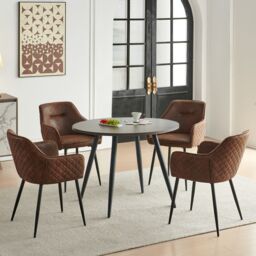 SONARA Dark Walnut Round Dining Table with 4 Faux Suede Dining Chairs Set in Brown - thumbnail 1
