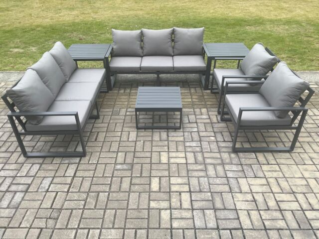 Fimous Aluminium Outdoor Lounge Sofa Set Garden Furniture Sets with Square Coffee Table 2 Chairs 2 Side Tables Dark Grey 8 Seater - image 1