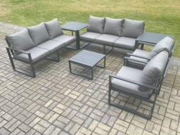 Fimous Aluminium Outdoor Lounge Sofa Set Garden Furniture Sets with Square Coffee Table 2 Chairs 2 Side Tables Dark Grey 8 Seater - thumbnail 2