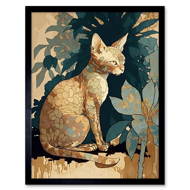 "Artery8 Wall Art Print Devon Rex Cat with Flower Pattern Fur Modern Art Framed in Black - Size: W12"" x H16""" - image 1