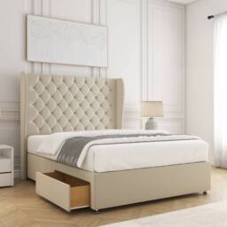 "BSSPOKE Amelia Divan Bed Set Plush Velvet 2 Drawers 54"" Headboard & Mattress in Cream - Size: Super King"