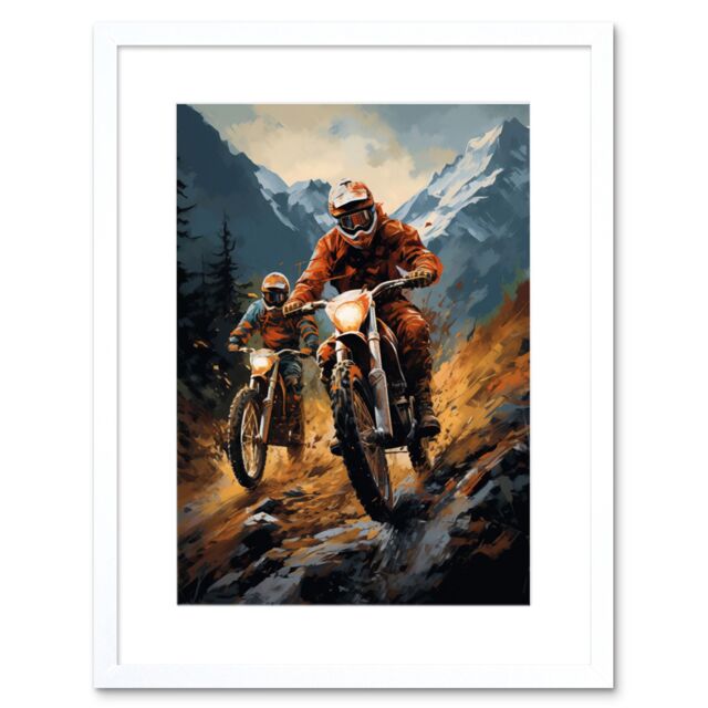 Artery8 Wall Art Print Motocross Bikers Racing Action Shot Oil Painting Stone Blue Orange Scenic Mountain Landscape Artwork Framed 9X7 Inch - image 1