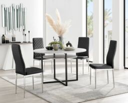 FurnitureboxUK Adley Grey Concrete Effect Round Dining Table & 4 Milan Chrome Leg Faux Leather Chairs in Black