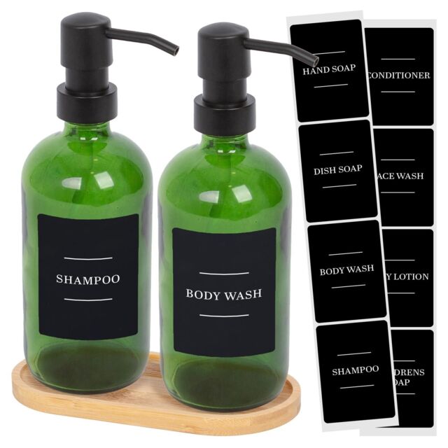 Harbour Housewares 2pc Glass Soap Dispenser Set with Bamboo Tray & Labels in Green - image 1