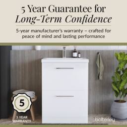 Balterley Modern Bathroom 2 Drawer Floor Standing Vanity Unit & Rectangular Mid-Edge Basin, Gloss White, 600 mm in White - thumbnail 6