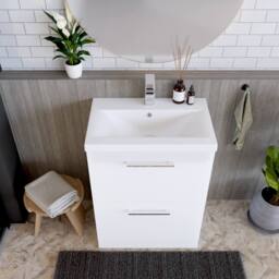Balterley Modern Bathroom 2 Drawer Floor Standing Vanity Unit & Rectangular Mid-Edge Basin, Gloss White, 600 mm in White - thumbnail 3