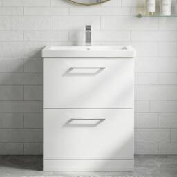 Balterley Modern Bathroom 2 Drawer Floor Standing Vanity Unit & Rectangular Mid-Edge Basin, Gloss White, 600 mm in White - thumbnail 9