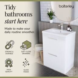 Balterley Modern Bathroom 2 Drawer Floor Standing Vanity Unit & Rectangular Mid-Edge Basin, Gloss White, 600 mm in White - thumbnail 7