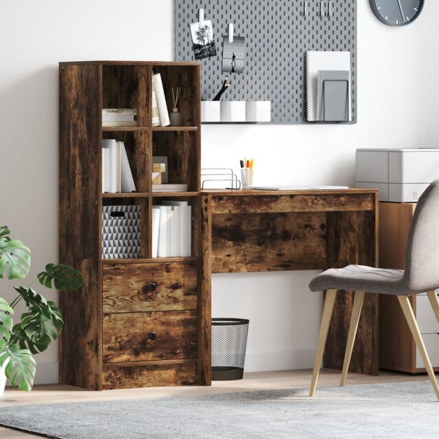 Berkfield Home Desk with Storage Smoked Oak Engineered Wood in Light Grey - image 1