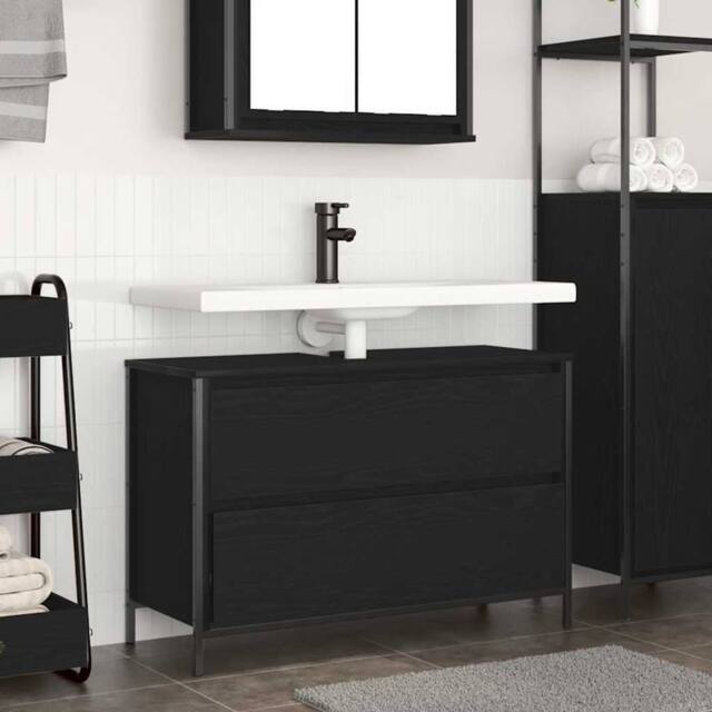 Berkfield Home Bathroom Basin Cabinet with Drawers Black Oak 90x34.5x60 cm - image 1