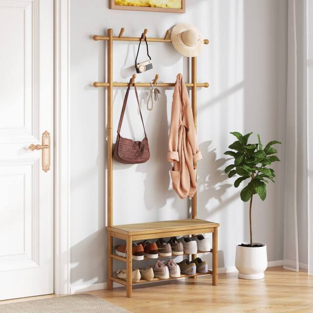 Costway Bamboo Coat Rack PE Rattan Hall Tree with Bench & Shoe Storage in Natural - image 1