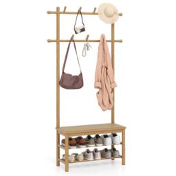 Costway Bamboo Coat Rack PE Rattan Hall Tree with Bench & Shoe Storage in Natural - thumbnail 3