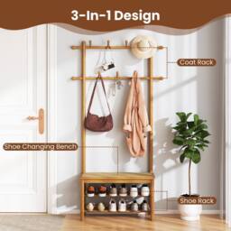 Costway Bamboo Coat Rack PE Rattan Hall Tree with Bench & Shoe Storage in Natural - thumbnail 7