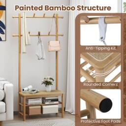 Costway Bamboo Coat Rack PE Rattan Hall Tree with Bench & Shoe Storage in Natural - thumbnail 8