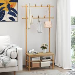 Costway Bamboo Coat Rack PE Rattan Hall Tree with Bench & Shoe Storage in Natural - thumbnail 6
