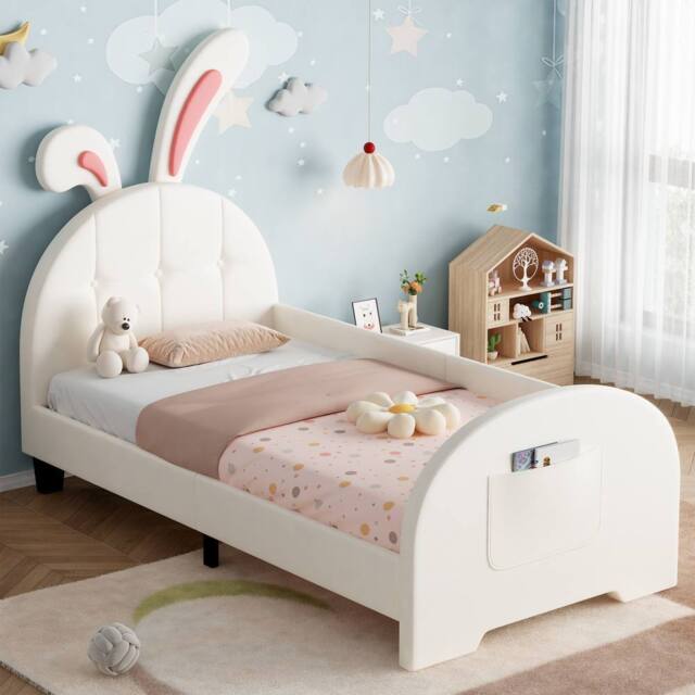Matteo Rabbit-Shaped Upholstered Single Bed Frame - Bunny Ear & Storage in Cream - image 1