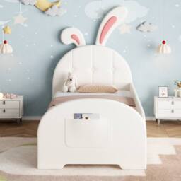 Matteo Rabbit-Shaped Upholstered Single Bed Frame - Bunny Ear & Storage in Cream - thumbnail 3
