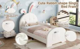 Matteo Rabbit-Shaped Upholstered Single Bed Frame - Bunny Ear & Storage in Cream - thumbnail 7