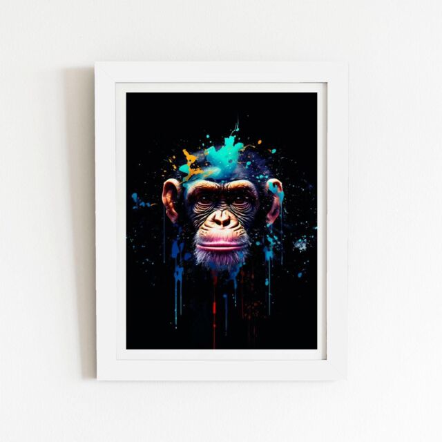 "Warren Reed - Designer Monkey Face Splashart with Blue Framed Art Print in White - Size: W12"" x H16""" - image 1