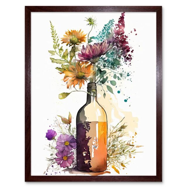 "Artery8 Wall Art Print Spring Wildflower Bouquet in a Glass Wine Bottle Art Framed in Brown - Size: W12"" x H16""" - image 1