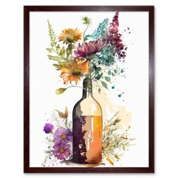 "Artery8 Wall Art Print Spring Wildflower Bouquet in a Glass Wine Bottle Art Framed in Brown - Size: W12"" x H16""" - thumbnail 1