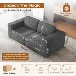 Dprodo Corduroy Modular Sofa, 202CM Loveseat Couch, 25V9 in Grey - thumbnail 2