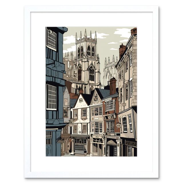 "Artery8 Wall Art Print Shambles Street Cityscape with York Minster Towers Artwork Framed 9X7 Inch in White - Size: W7"" x H9""" - image 1